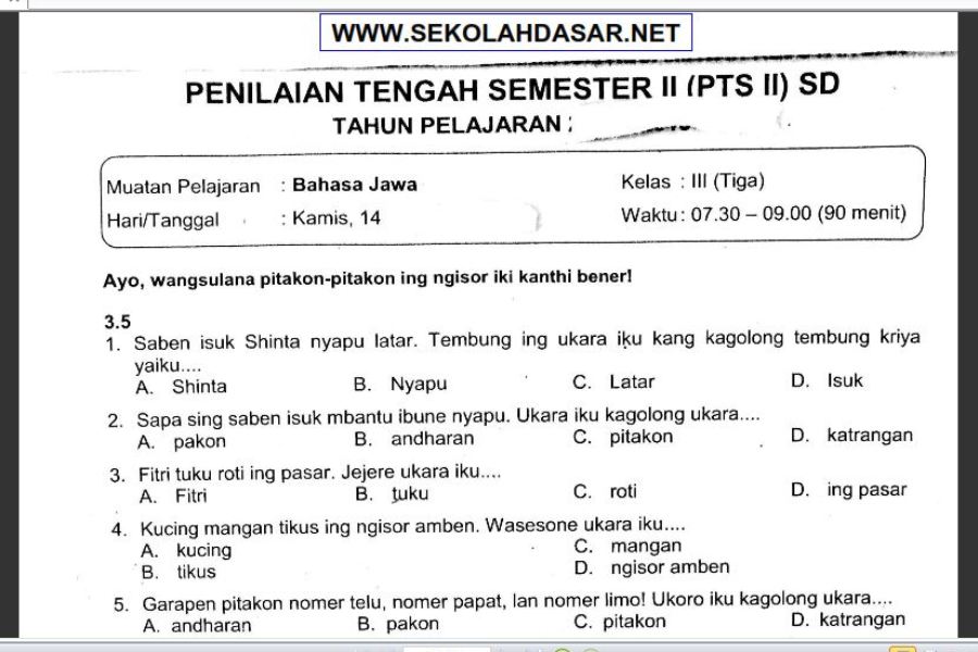Soal Uts Bahasa Jawa Kelas 3 Semester 1